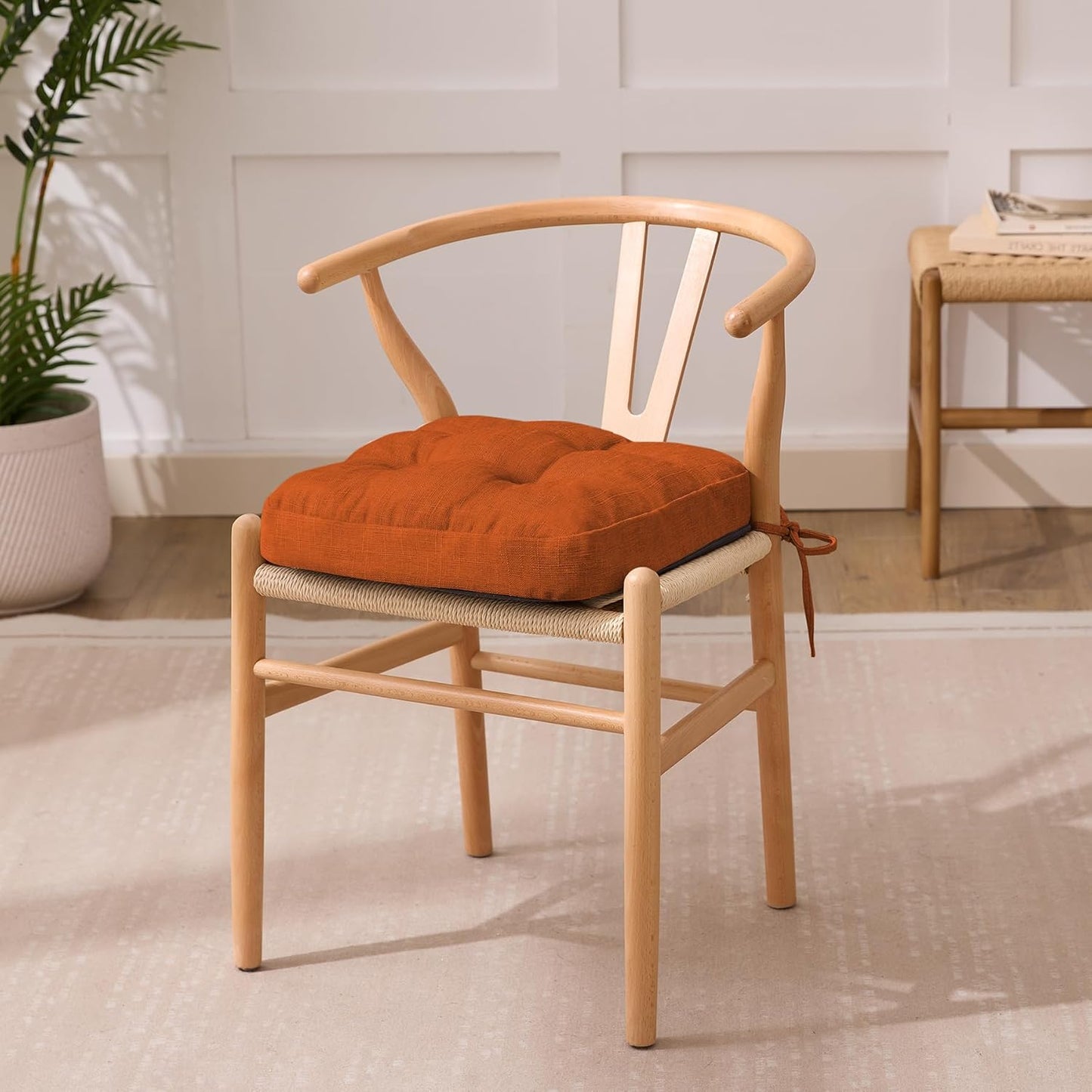 Chair Cushions for Dining Chairs, Dining Chair Cushions, Tufted Indoor Chair Pads with Ties & Non Slip Backing, Seat Cushions for Kitchen Chairs 16.5” x 16.5” x 3.5”, Set of 4, Orange