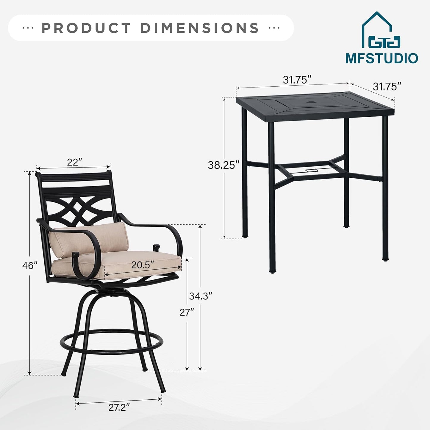 MFSTUDIO 5 PCS Outdoor Patio Bar Sets, Heavy Duty Metal 4 Swivel Counter Height Chairs with Seat & Back Support Cushion, 1 Square Metal High Table, Black