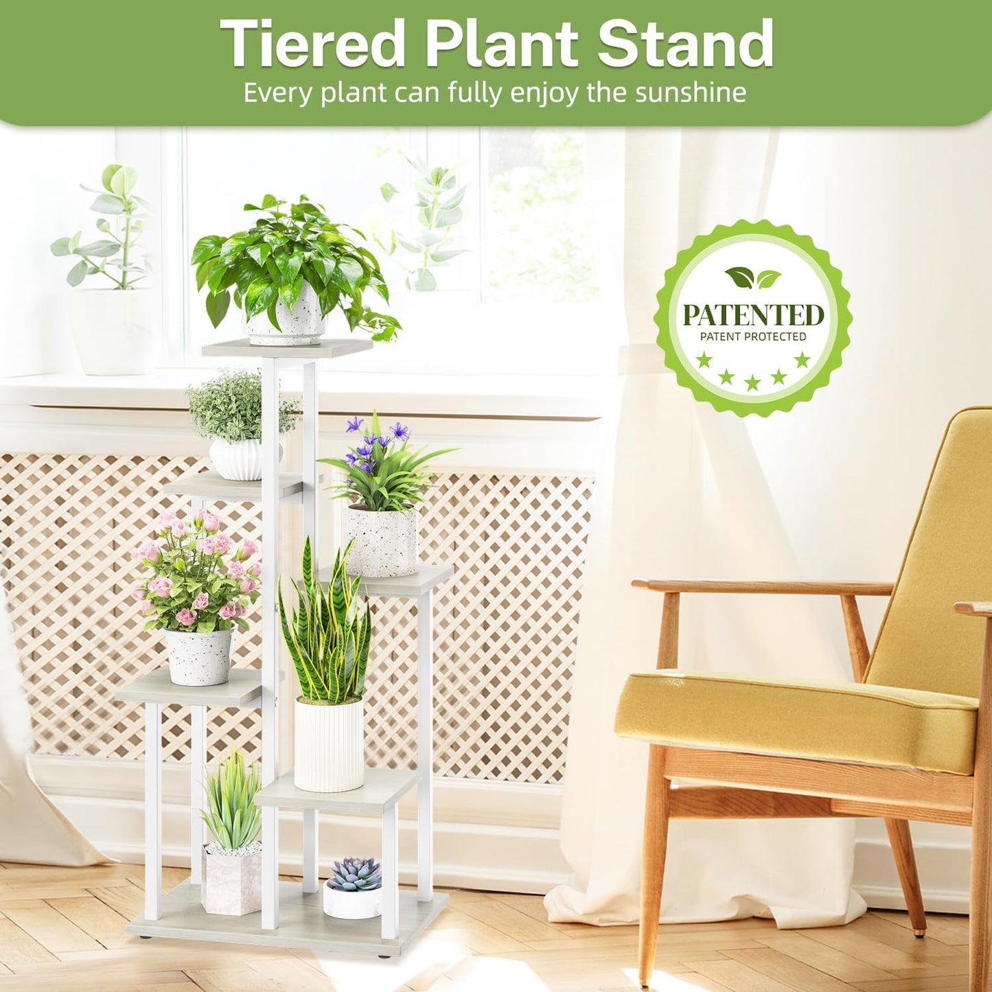 iDavosic.ly 6 Tier Plant Stand Indoor, Tiered Corner Plant Shelf for Multiple Plants, Metal Wood Tall Plant Display Rack Flower Holder for Patio Porch Garden Balcony Bedroom, White