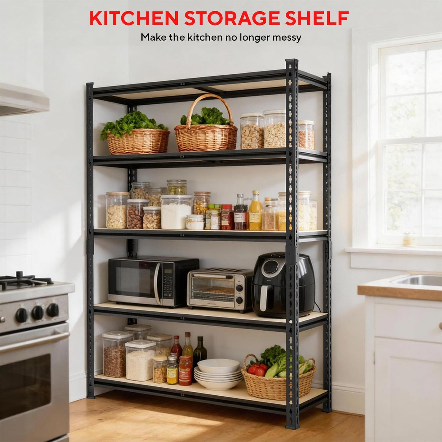 72" H Garage Shelving 2500LBS Storage Shelves Heavy Duty，5 Tier Adjustable Metal Shelving Unit for Storage Rack Warehouse, Pantry, Closet, Kitchen