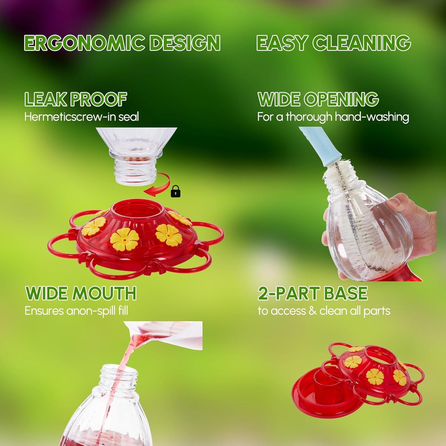 Hummingbird Feeder 20 oz Glass Hummingbird Feeders for Outdoors, with Built-in Ant Guard and Bee Proof - 6 Feeding Ports - Wide Mouth for Easy Filling/2 Part Base for Easy Cleaning