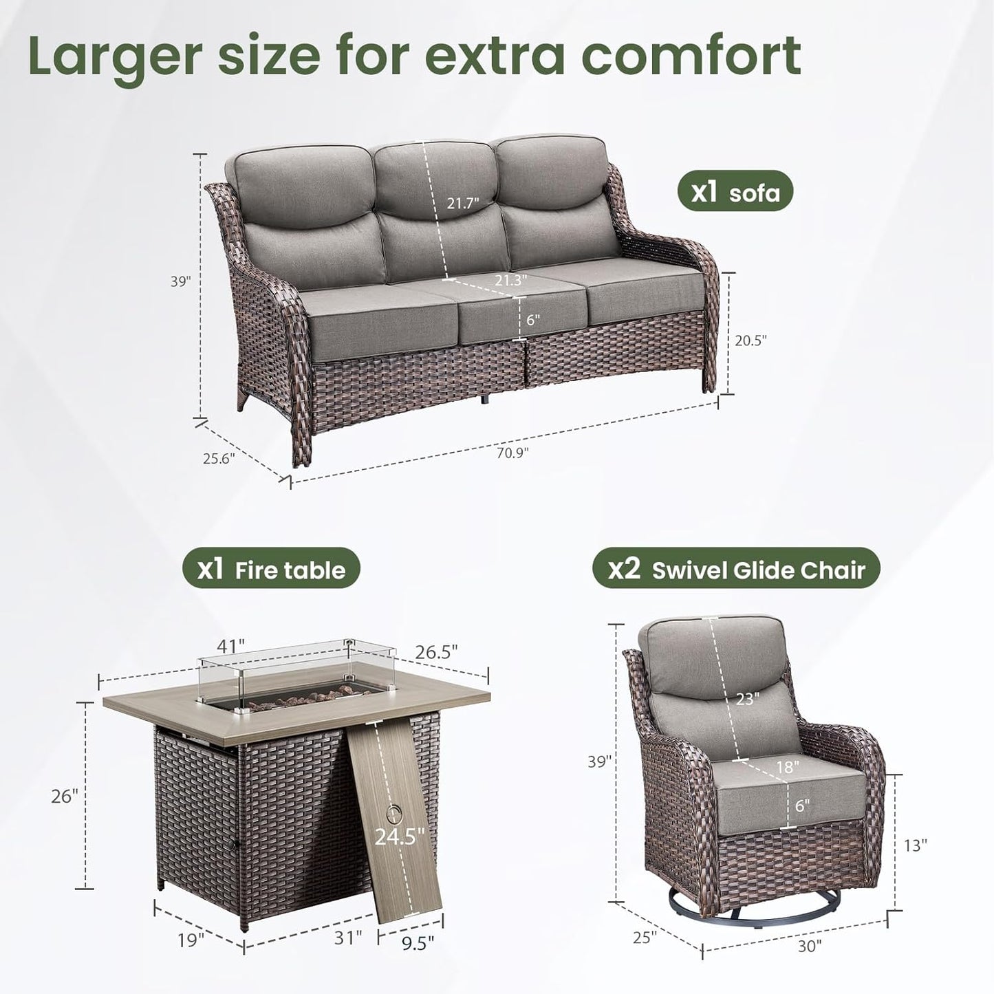 Luxury Patio Furniture Set with 6-inch Thick Cushion, Outdoor Furniture with Fire Pit Table, Swivel Chairs, Sofa, 4pcs Wicker Conversation Set for Deck Yard and Poolside(Grey)