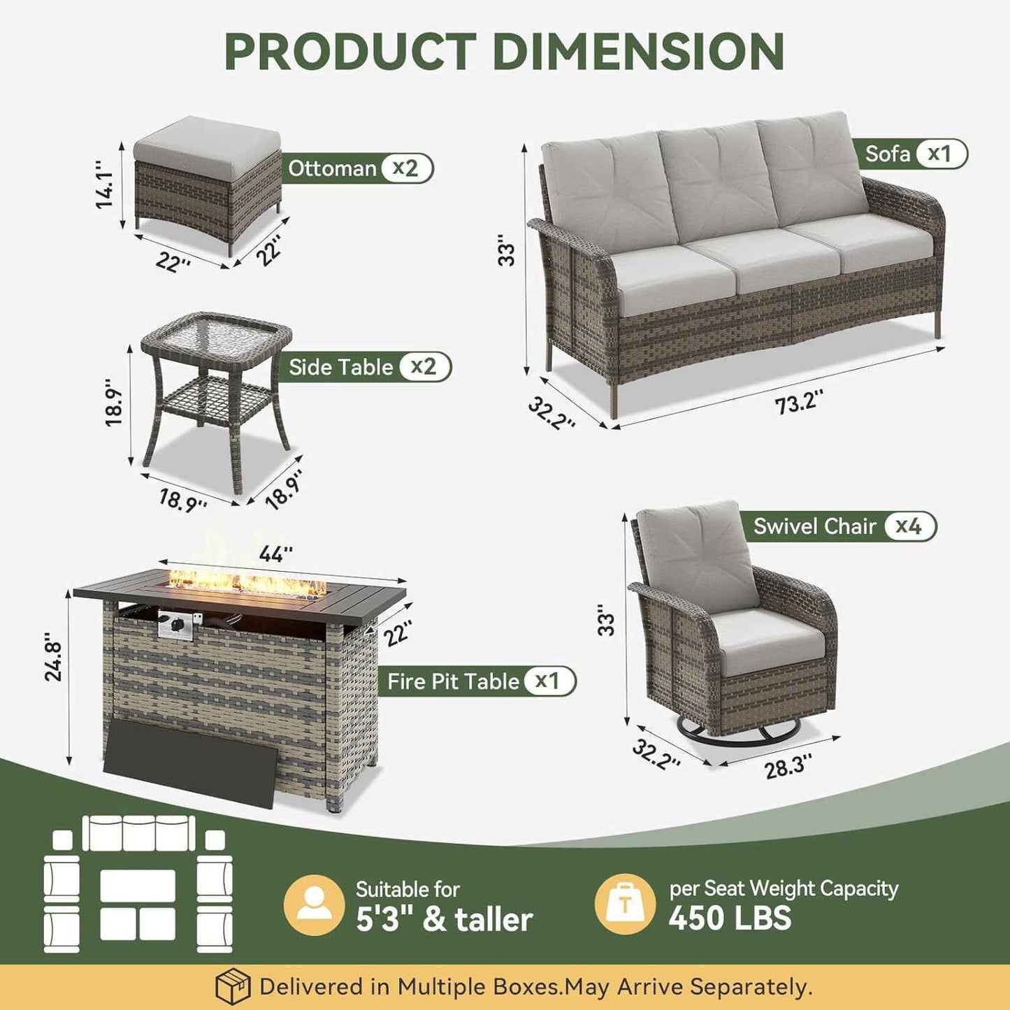 Aoxun 10-Piece Patio Furniture Set with 44” Fire Pit Table, Wicker Rattan Outdoor Sectional Sofa with High Back Swivel Rocker Chairs, Outdoor Patio Furniture Set with Thick Cushions & Ottoman, Grey