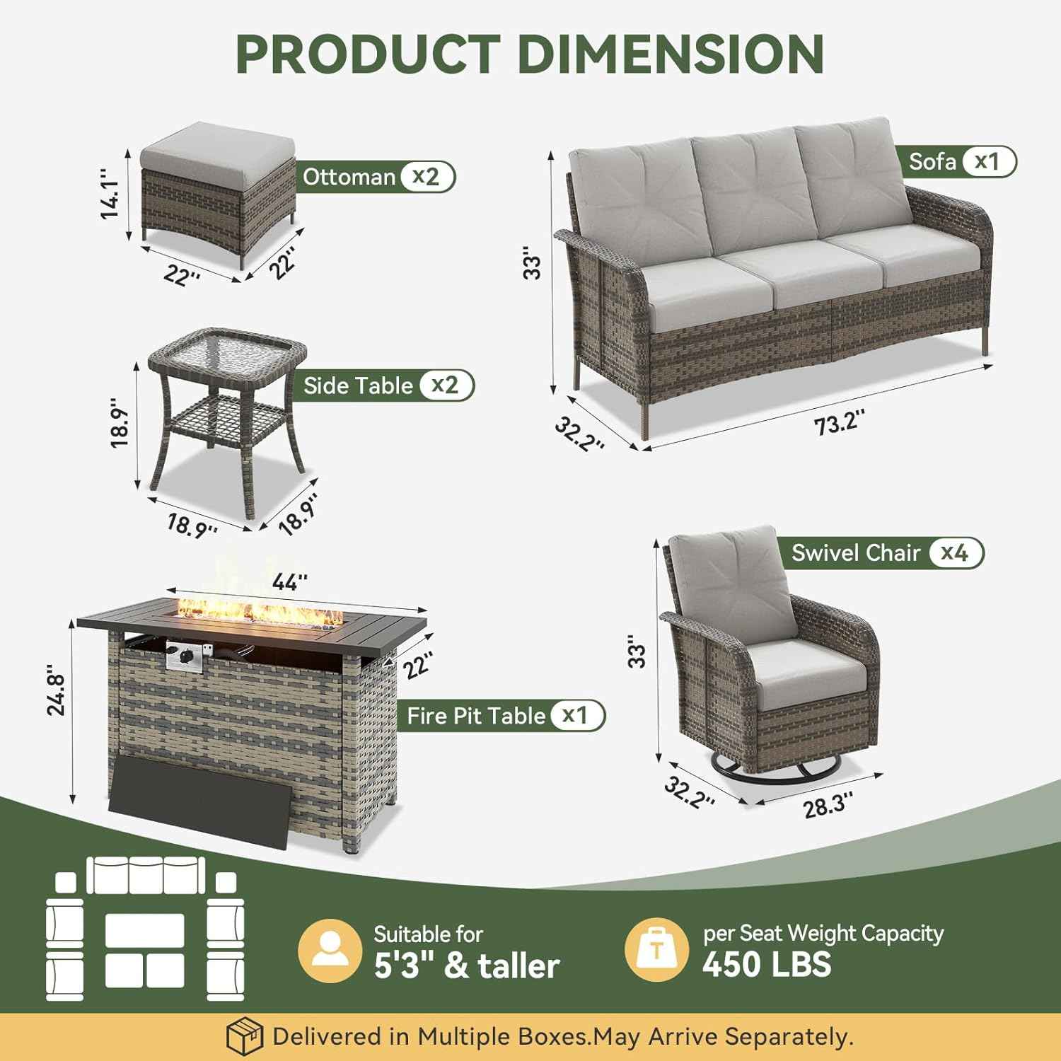 Aoxun 10-Piece Patio Furniture Set with 44” Fire Pit Table, Wicker Rattan Outdoor Sectional Sofa with High Back Swivel Rocker Chairs, Outdoor Patio Furniture Set with Thick Cushions & Ottoman, Grey