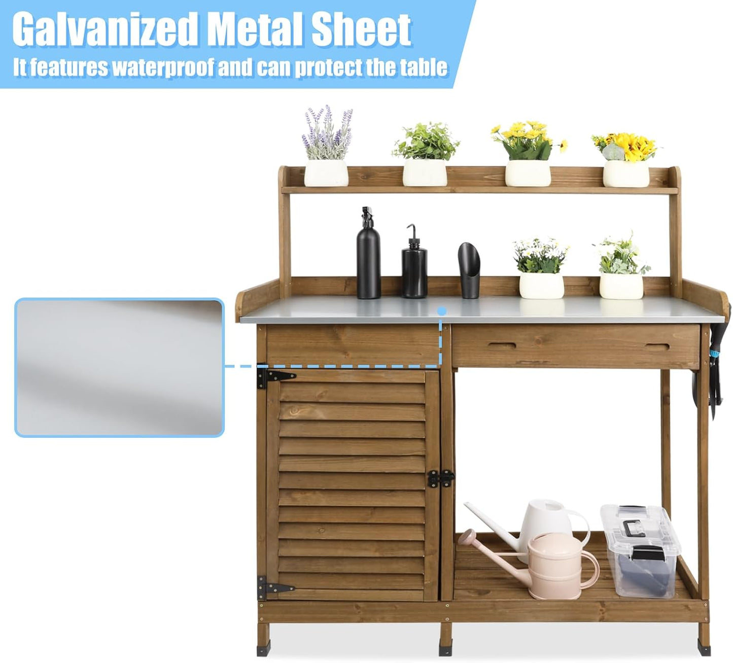 Outdoor Garden Potting Bench Table, 41" L Wooden Potting Table Work Bench for Horticulture, Waterproof Workstation Table with Metal Tabletop/Cabinet/Drawer/Open Shelf (Brown)