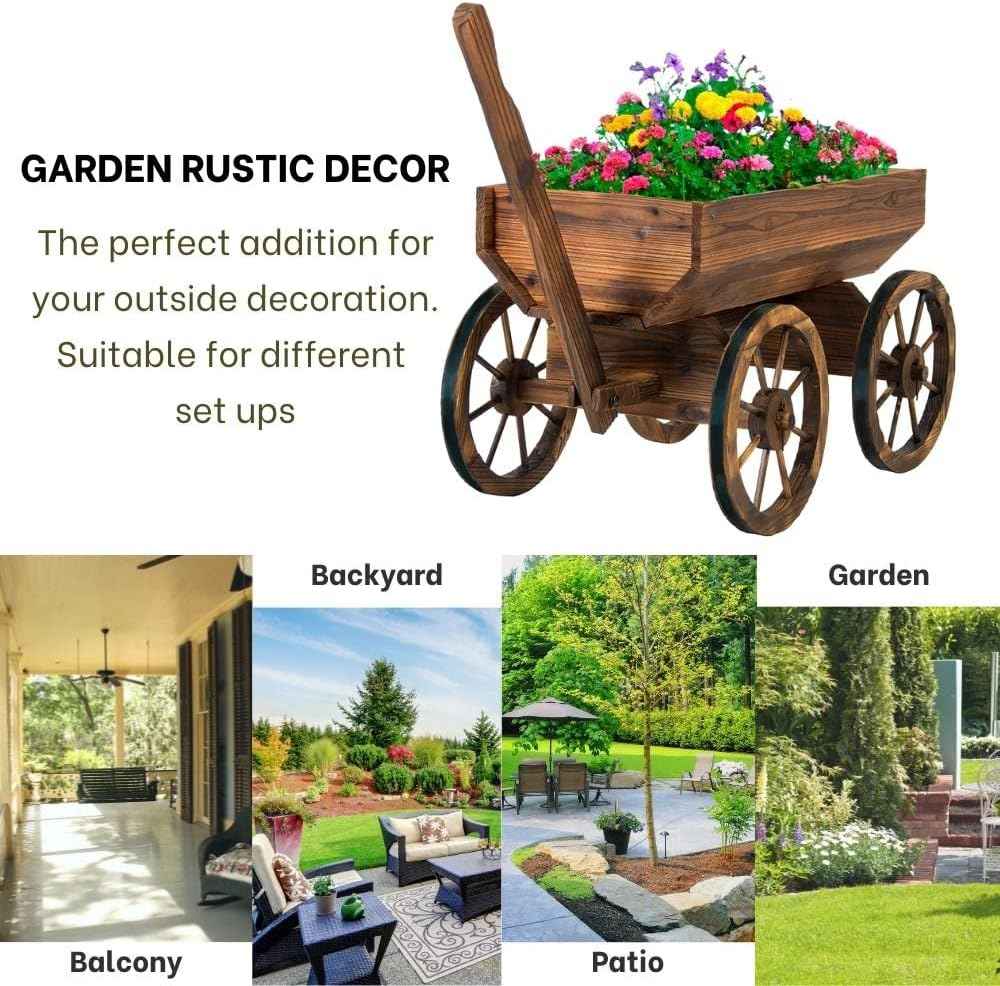Wood Wagon Planter for Outdoor Balcony Decor - Garden Rustic Wooden Flower Cart with Wheels for Outside - Decorative Indoor - Wheelbarrow Planter for Patio -Reinforced Wheel