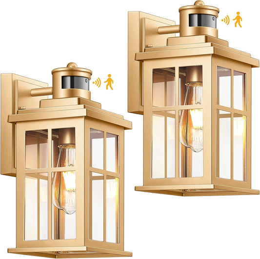 Gold Motion Sensor Outdoor Lights, Waterproof Exterior Lighting Fixtures, Aluminum Modern Outdoor Wall Lights Exterior, Transparent Glass Outdoor Porch Lights for House, Garden, Yard, E26 Base
