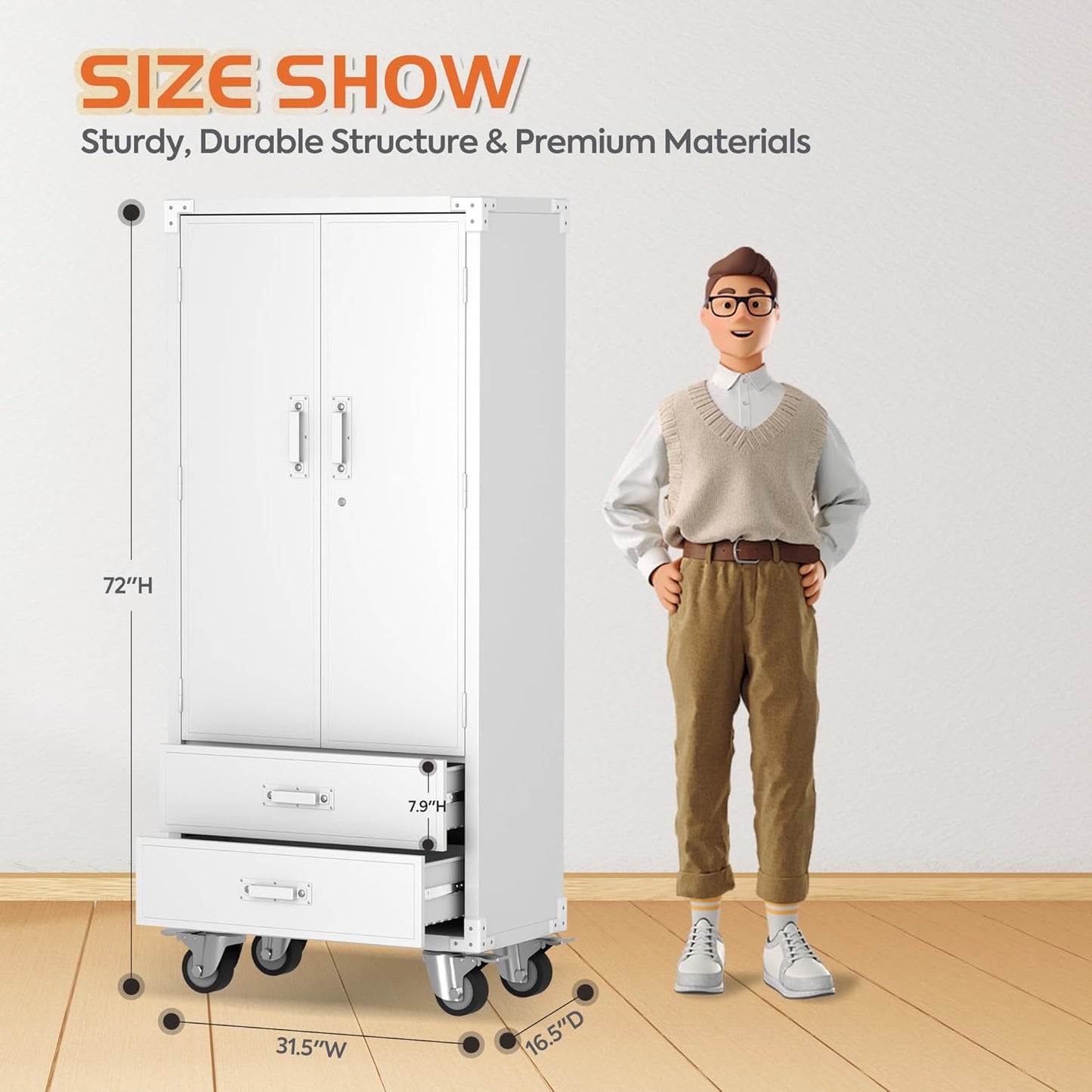 Aobabo Metal Storage Cabinet with 2 Large Drawer, Lockable Steel Storage Cabinet with 3 Adjustable Shelves, for Home, Office, Garage, Classroom, White, Assembly Required