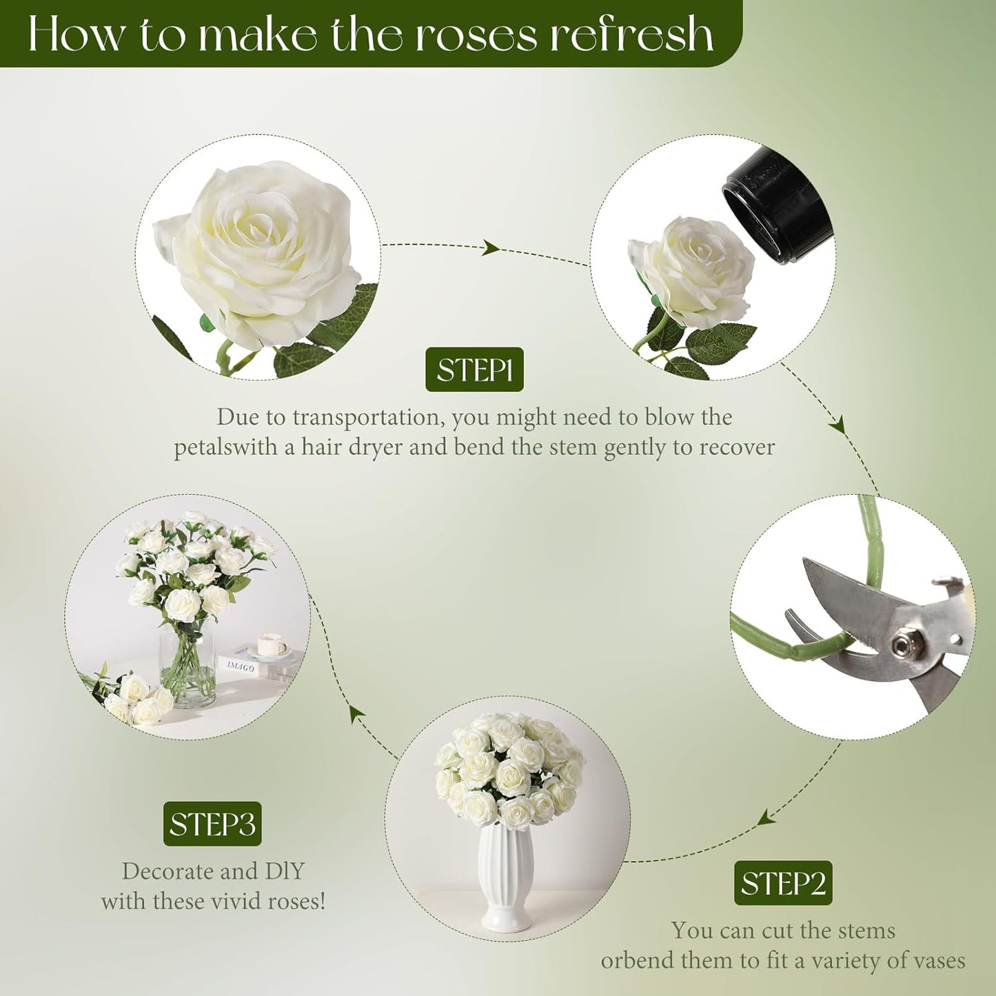 Tifuly White Roses Artificial Flowers -12 pcs Realistic Single Long Stem Fake Silk Roses Bouquet for Party Home Wedding Centerpiece Office DIY Decor（Off White）