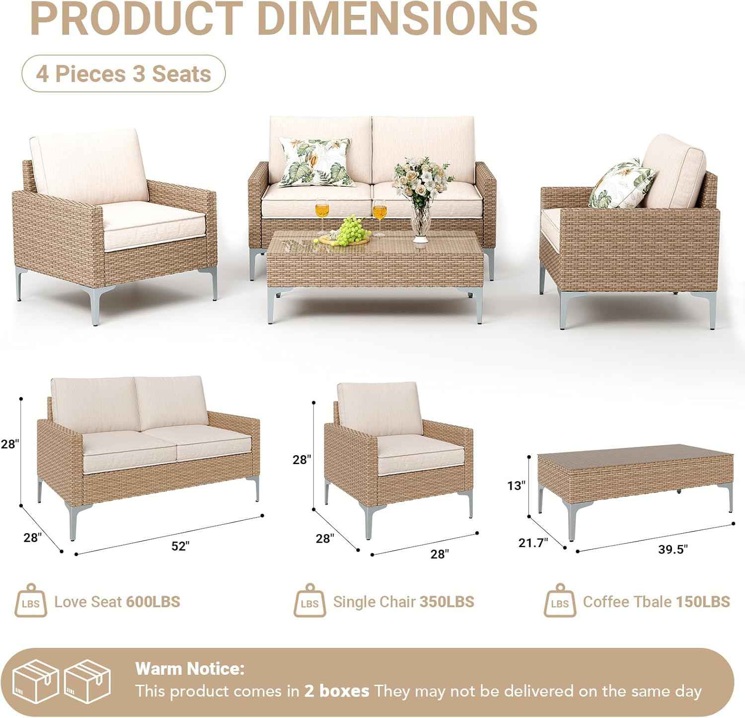 Jing's Villa 4-Piece Outdoor Sectional Sofa Set, All-Weather Wicker Patio Furniture with L/R armrest & Tempered Glass Table, Comfortable Garden Conversation Set for Backyard, Poolside, Deck,Beige