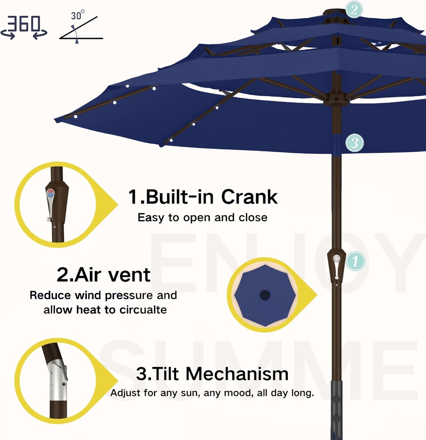Kingdura 10ft 3-Tier Patio Umbrella with Solar Lights, Table Umbrella Outdoor Patio with Easy Crank & Tilt, 8 Sturdy Ribs, UV Protection, 32 LED Lights for Deck, Poolside, Market (Navy blue)