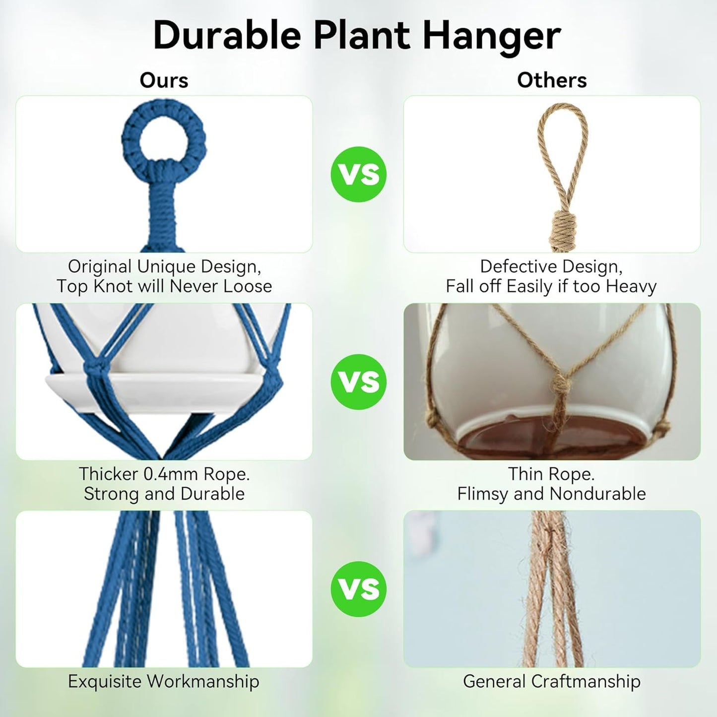 USLAI Macrame Plant Hanger Indoor Outdoor, Up to 4-15 inch Pot, Heavy 20lb Planters, Extra Long Strong Hanging Planter Basket Holder, Boho Home Decor, 35+72 Inch, Blue (POTS NOT Included)