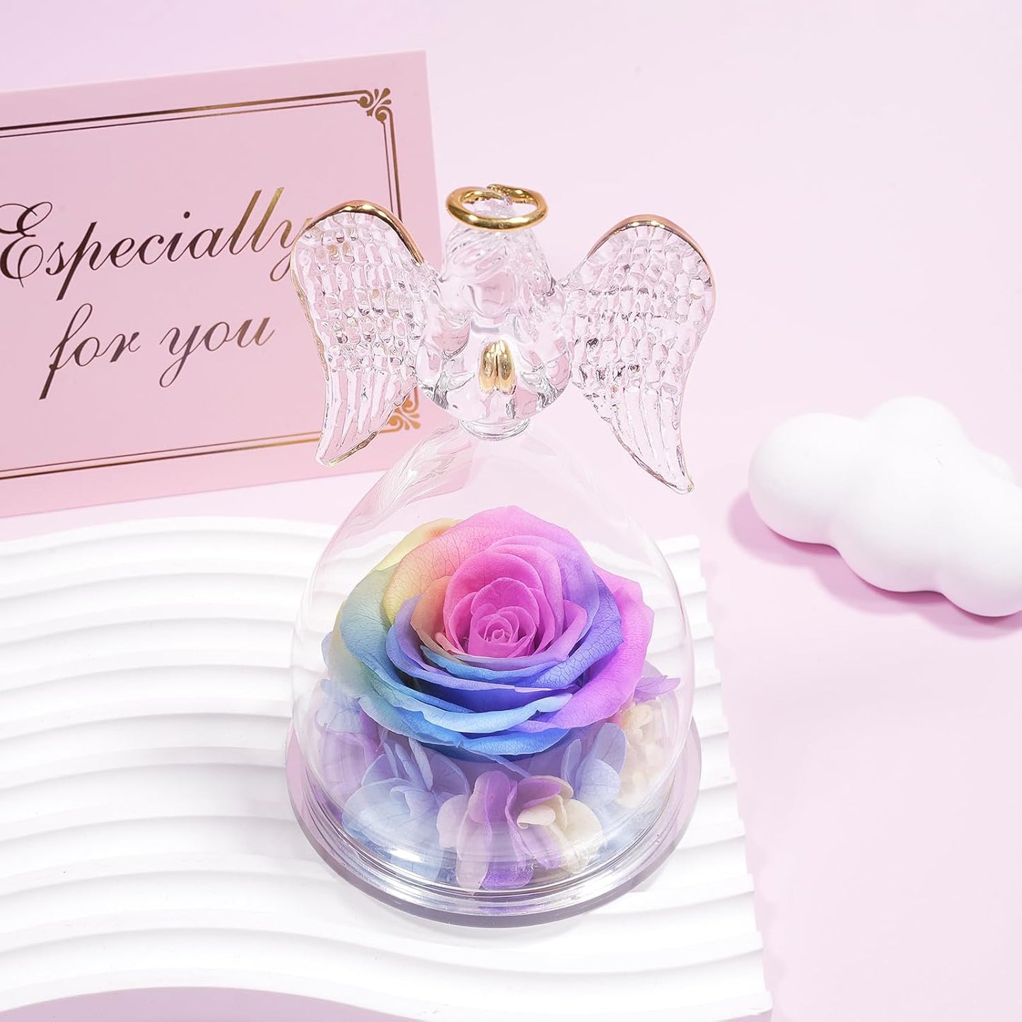 Yamonic Mom Birthday Gifts for Mom, Angel Figurines with Real Rose Gifts for Her Mom Grandma, Preserved Rose Angel Figurines for Mothers Day Birthday Gifts for Women Her (Rainbow)