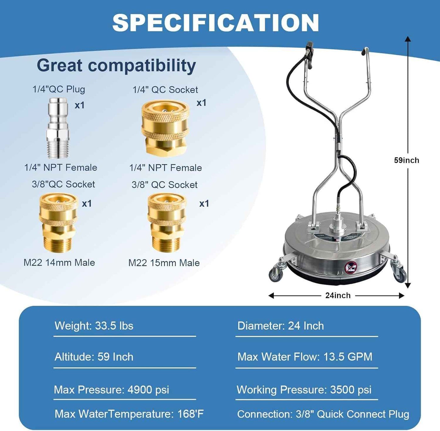 Garvee 24 in Pressure Washer Surface Cleaner with 4 Wheels&Dual Handles, 4900PSI Stainless Steel Surface Cleaner Attachment for Pressure Washer for Concrete Driveway Sidewalk Deck Patio