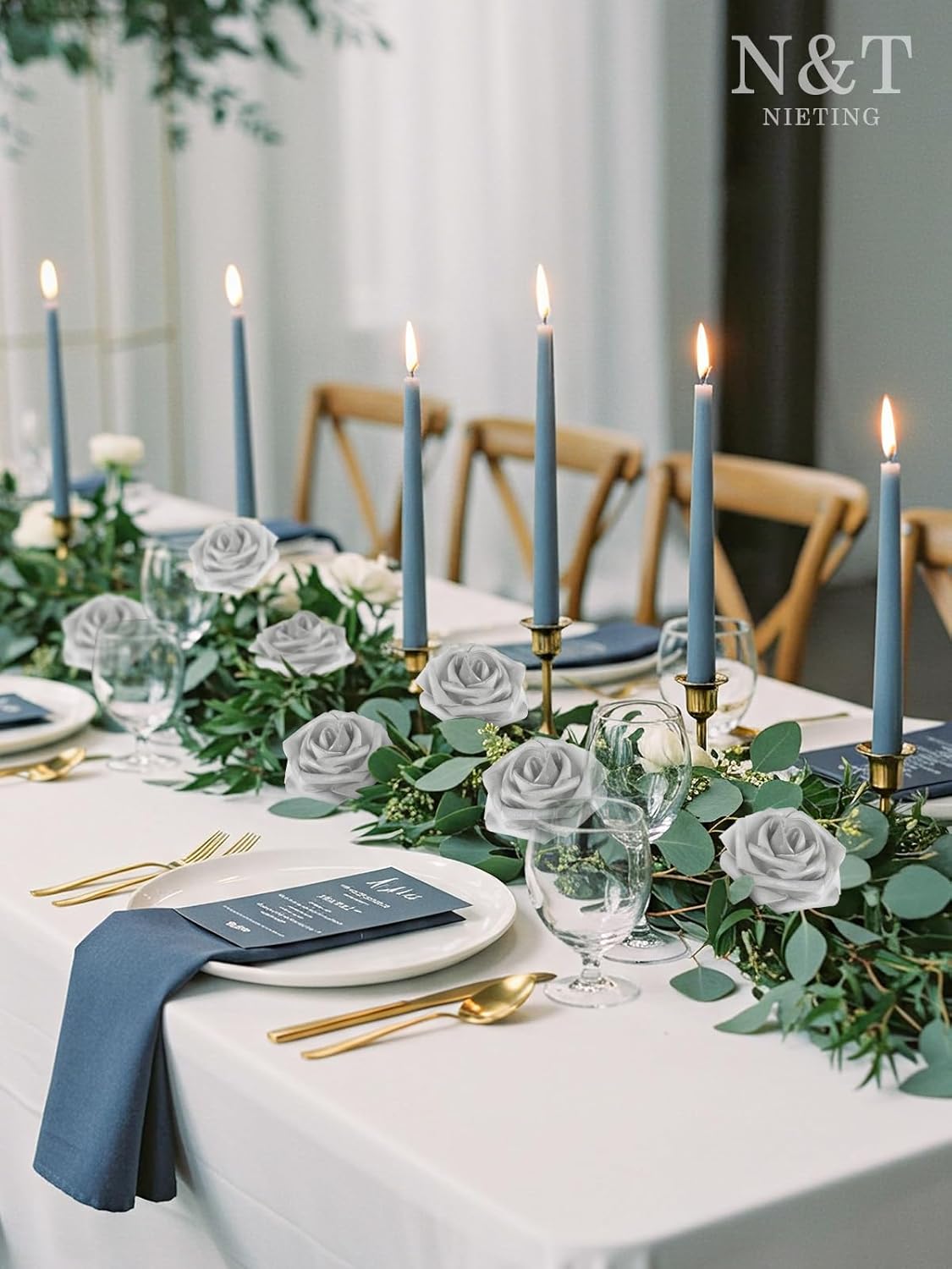 N&T NIETING Artificial Flowers, 25pcs Fake Flowers Roses with Stem for DIY Wedding Bouquets Centerpieces Bridal Shower Party Home Decoration, Silver White