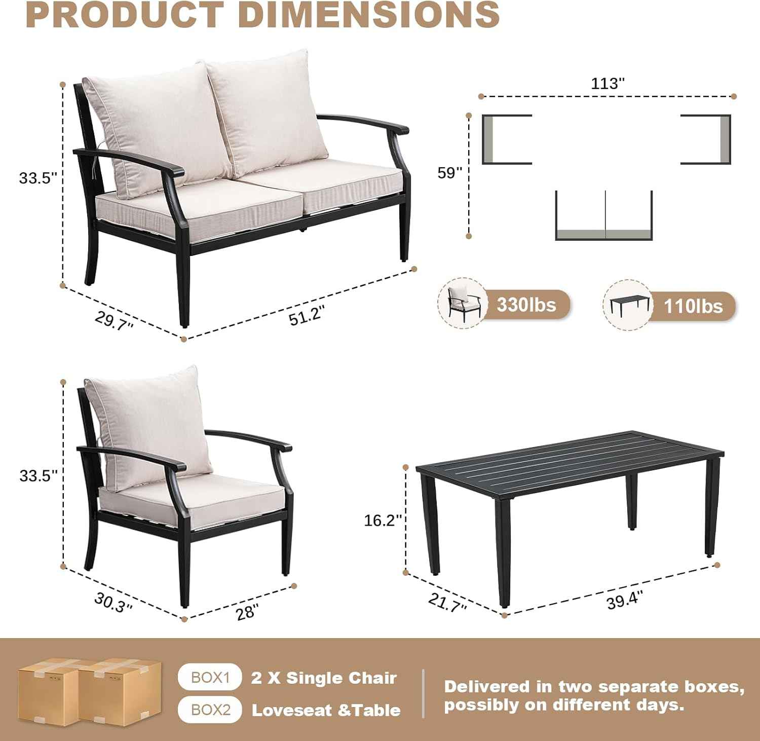 4-Piece Patio Furniture Set, Wider Outdoor Metal Seating Sofa with High Back & Loveseat, Coffee Table, All Weather Metal Conversation Set for Backyard, Poolside, Deck-Beige