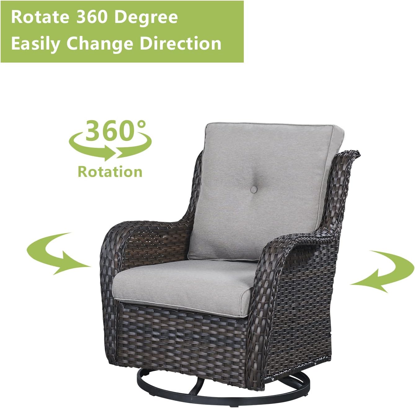 Outdoor Patio Swivel Rocker Chairs - Single Wicker Rattan Patio Swivel Rocking Chair with High Back,Deep Seating and Comfort Cushions for Deck Porch Garden,Brown/Grey