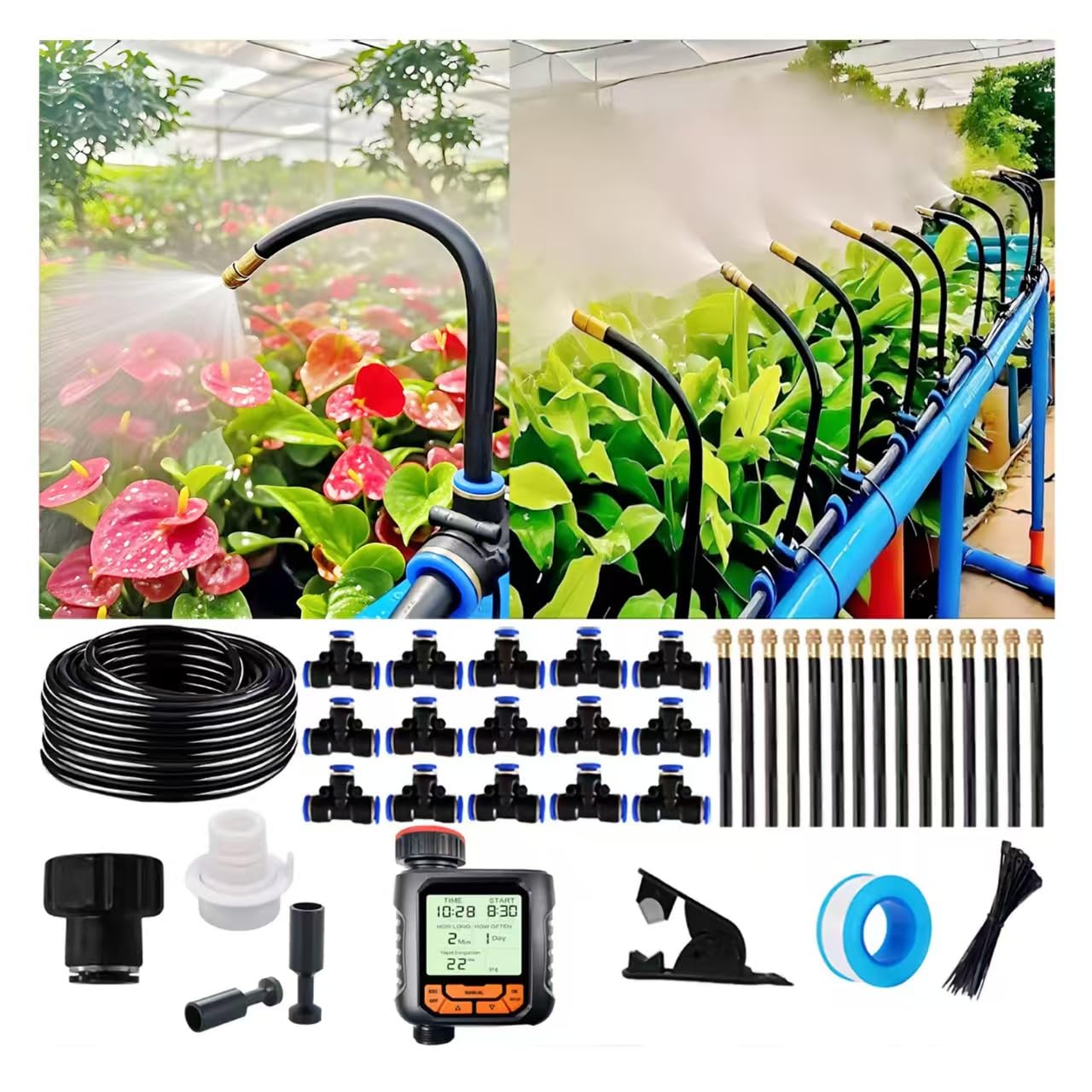 Drip Irrigation Kit Automatic Watering System for Potted Plants, 360 Degree Adjustable Copper Micro Sprinklers, Quick Connect Tubing Fittings for Garden, Lawn, Patio, Balcony(Timer Ⅱ)