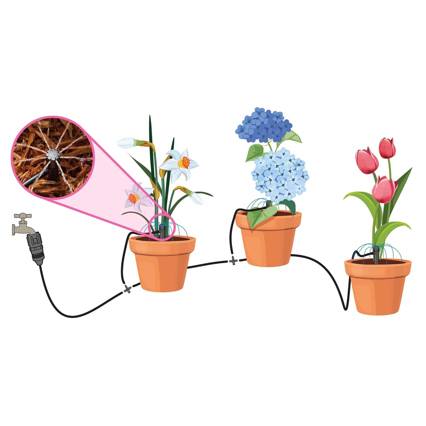 Rain Bird POTTEDKIT Drip Irrigation Container/Potted Plant Watering Kit, Connects to Faucet/Garden Hose, 1/4" Drip Tubing, 360° Micro Bubblers, T-Fittings and Pressure Regulator