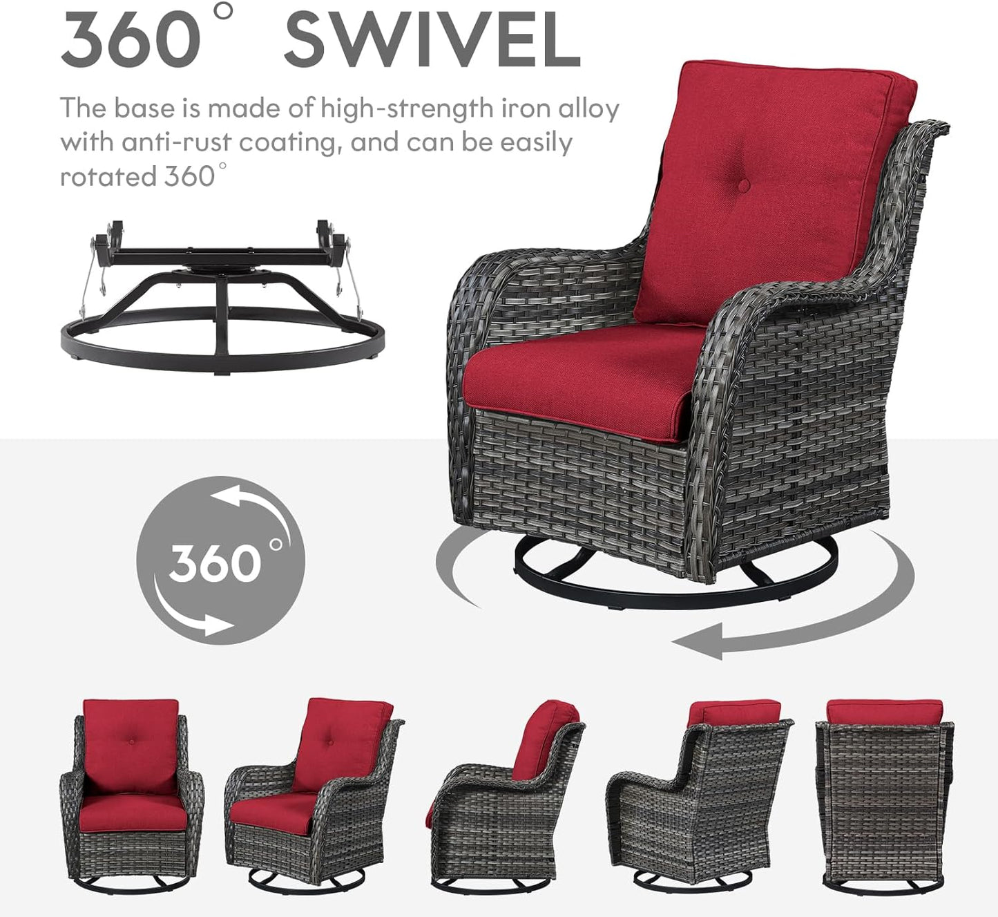 5 Piece Outdoor Patio Furniture Set - Wicker Furniture Patio Conversation Set, Outdoor Swivel Rocker Chairs with 3-Seater Sofa and 2 Ottomans for Small Space, Red Cushion
