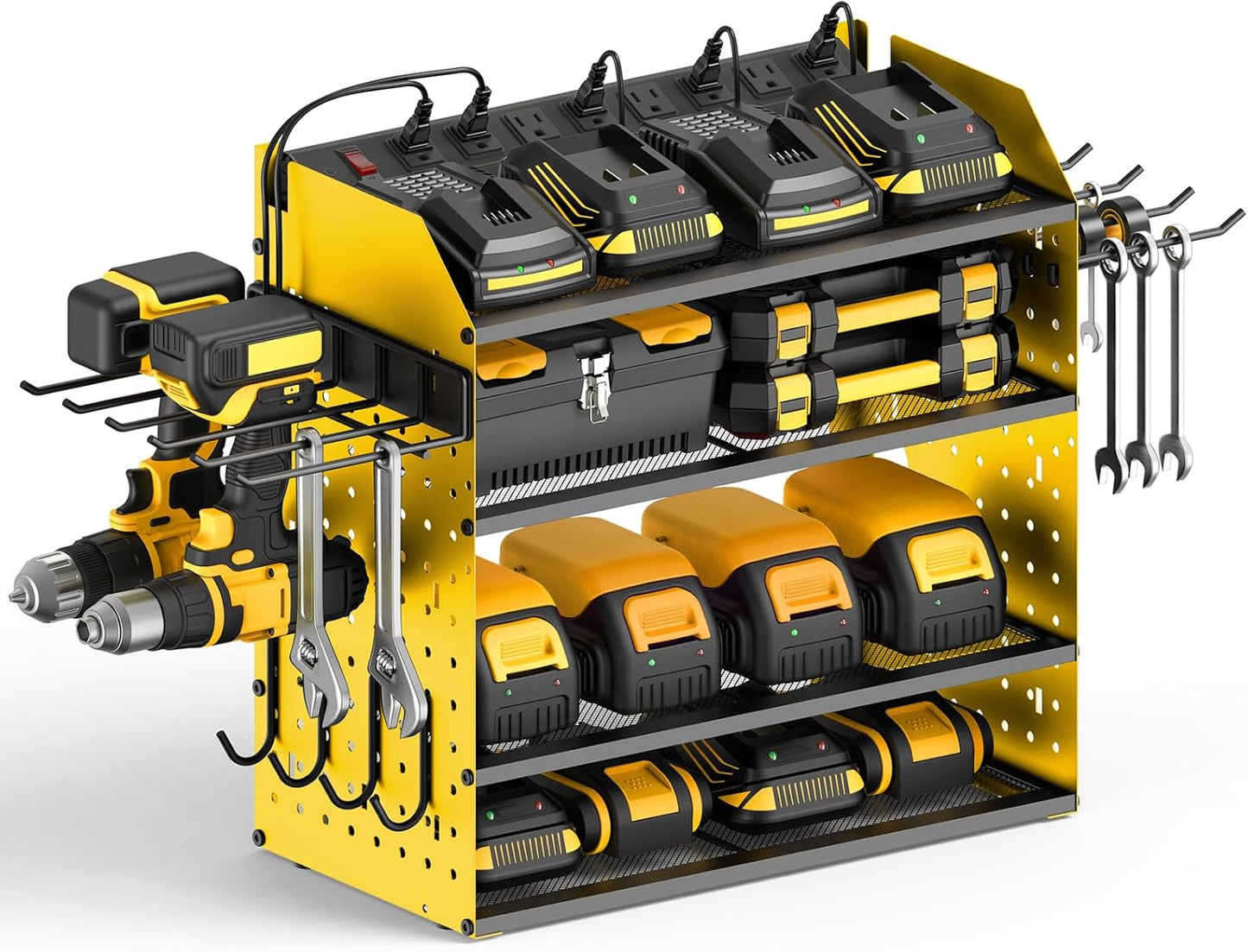 CCCEI Modular Desk Power Tools Organizer with Charging Station, 4 Layer Drills Battery Storage Wall Mount, Garage Shop Organization, Anniversary, Birthday, Gifts for Men, Father, Yellow, 10FT Cord.