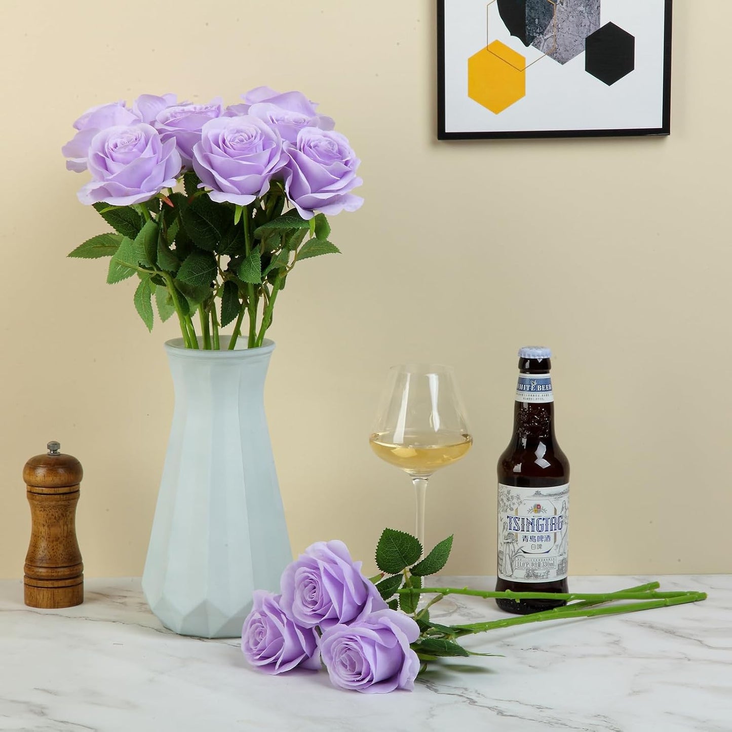 12pcs Light Lavender Roses Artificial Flowers Fake Roses Silk Flowers Roses with Long Stems for Wedding Home Party Centerpieces Decorations