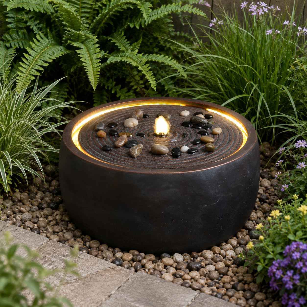 Outdoor Water Fountain with LED Lights, 12.2" Tall Round Bowl Cascading Fountain for Patio Garden Yard Porch Backyard, Resin Outdoor Water Feature Decor