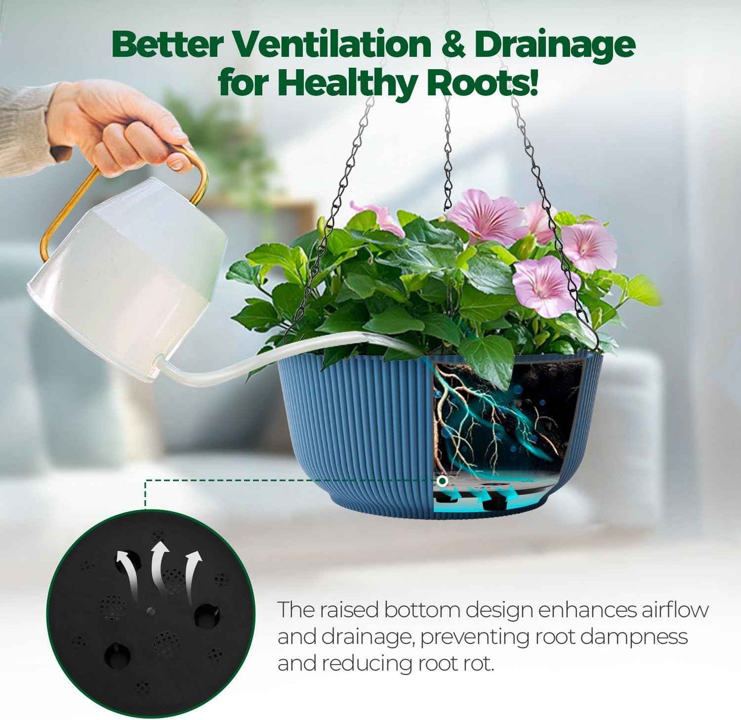 T4U 12 Inch Large Hanging Planters for Outdoor Plants, 2 Pack Self Watering Pots Indoor, Hanging Baskets for Plants,Hanging Flower Pot with Drainage Hole and Plant Hanger, Blue