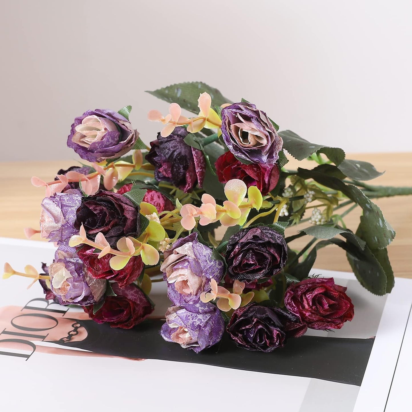 Duovlo 7 Branch 21 Mini Rose Heads Artificial Flowers Bouquet Wedding Home Office Decor,Pack of 4 (Purple)