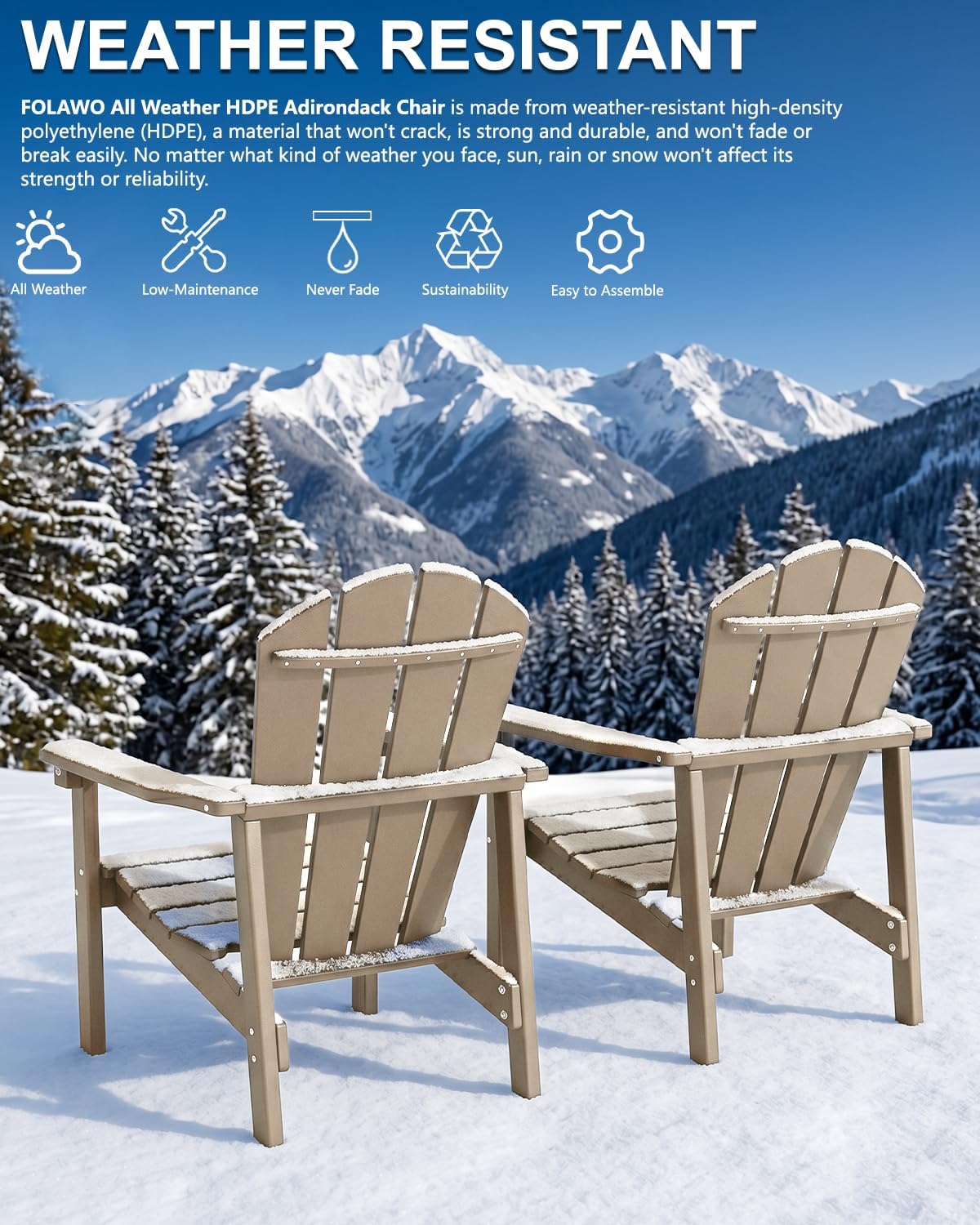 Adirondack Chair Set of 4, All Weather HDPE Fire Pit Chairs, Oversized Plastic Adirondack Chair for Outdoor, Balcony, Deck, Backyard, Patio, Garden, Poolside, Lawn Brown