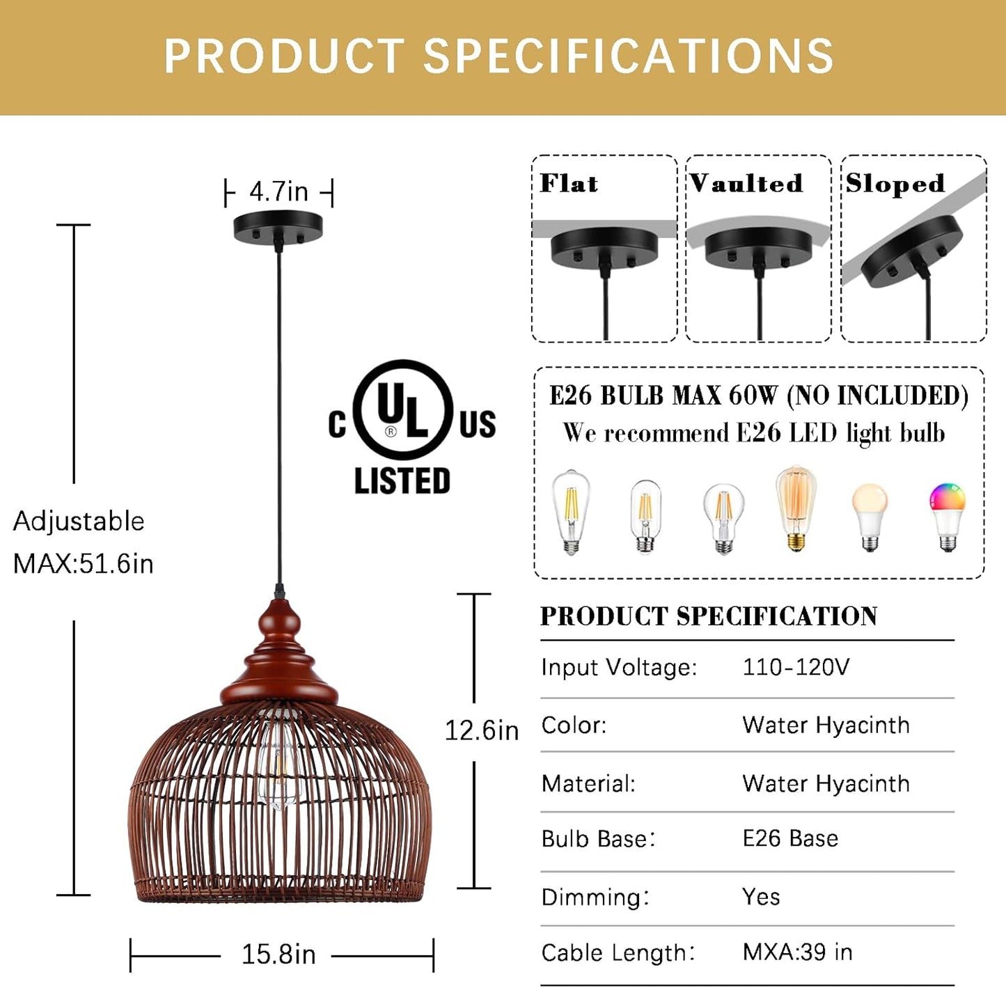 Rattan Pendant Light Kitchen Island, 15.8" Boho Dining Room Light Fixture Hand-Woven Wicker Chandelier Farmhouse Weaving Lighting Coastal Ceiling Hanging Lights for Living Room Restaurant