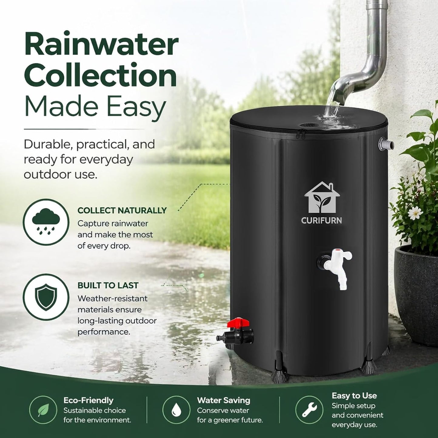 100 Gallon Rain Water Barrel, Portable Rainwater Collect System Water Storage Tank Collapsible Rain Barrel with Filter, Spigot & Overflow Kit (Reinforced Liner+Thickened Legs) - Black