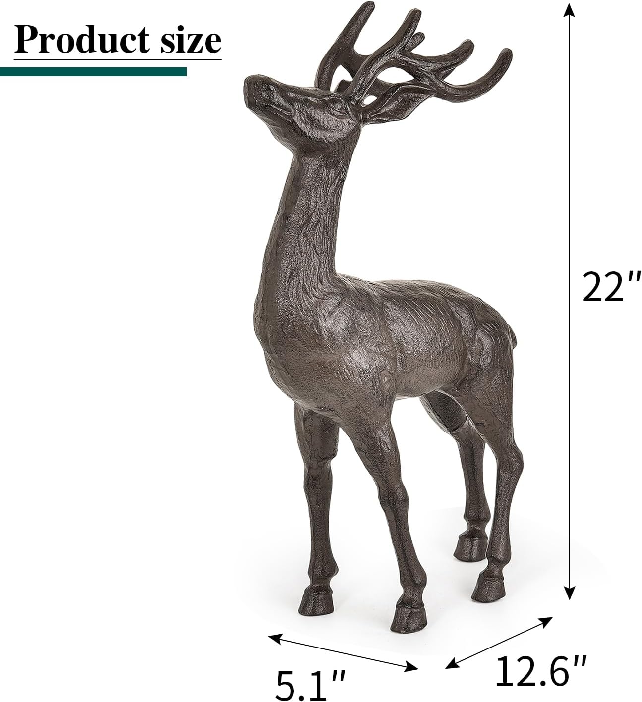 Sungmor 22" Tall Cast Iron Deer Statue - Indoor Outdoor Metal Deer Sculpture, Large & Heavy-Duty Wild Animal Landscaping Figurine, Rustic Garden Decor for Patio, Yard, Home (Dark Brown)