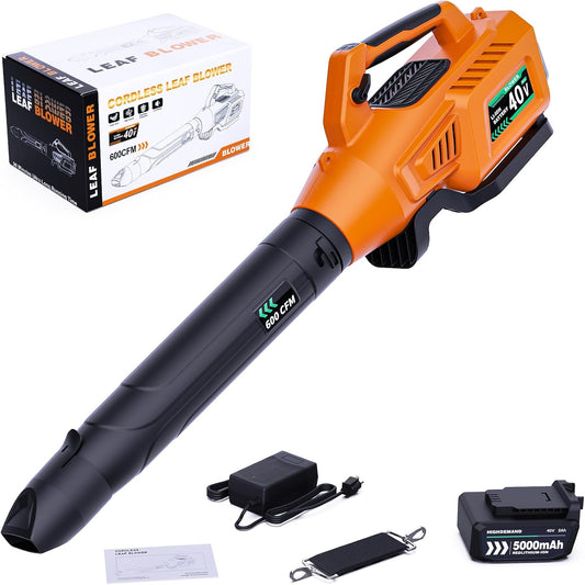 Leaf Blower Cordless, 40V 600CFM &180MPH Electric Leaf Blower with 5.0Ah Battery, Fast Charger and Extension Tube for Blowing Leaves Snow for Yard Garden Lawn Care, Orange