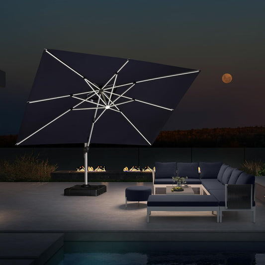 PURPLE LEAF 10' X 13' Double Top Deluxe Solar Powered LED Rectangle Patio Umbrella Offset Hanging Umbrella Outdoor Cantilever Umbrella, Navy Blue