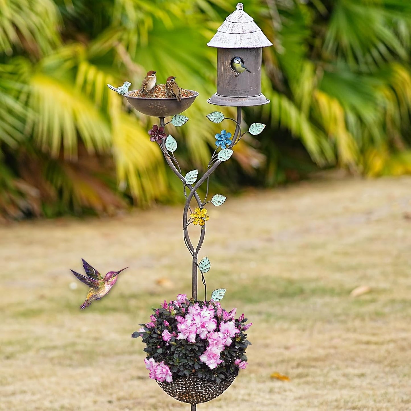 56.7” H Bird Baths for Outdoors, Metal Bird Bath Bird House and Planter Pot 3-in-1 Design, Birdbath and Bird Houses with Pole Stand for Outside Garden Yard Decor