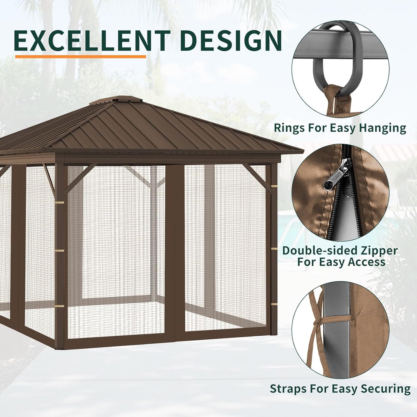 Replacement Gazebo Mosquito Netting 10' x 10',Universal Netting for Canopy Tent,4-Panel with Zipper for Outdoor Patio,Backyard (Mosquito Net Only,Brown)