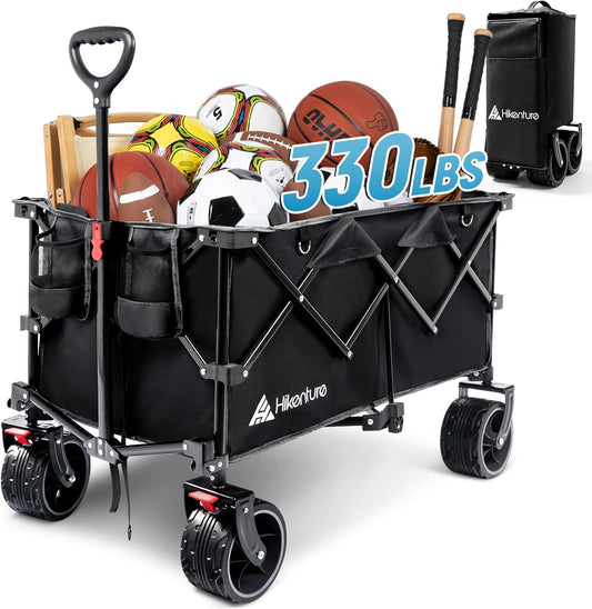 Hikenture Collapsible Wagon Cart, 330lbs Capacity Beach Wagons with Big Wheels for Sand, Heavy Duty Foldable Cart with Brakes, Portable Utility Folding Garden Cart for Outdoor