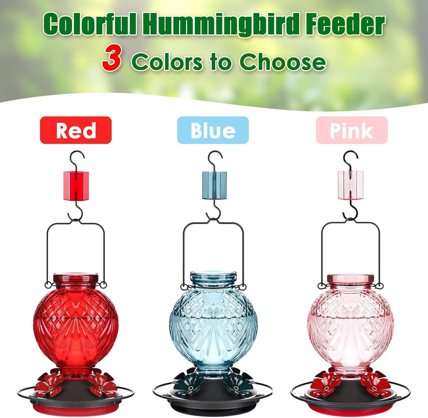 Glass Hummingbird Feeder for Outdoors Hanging, 20oz Bird Nectar Feeder with 4 Bee Guard Flower-Shaped Feeding Ports & Built-in Ant Moat, Easy to Clean, for Bird Lover,1 Pack, Red