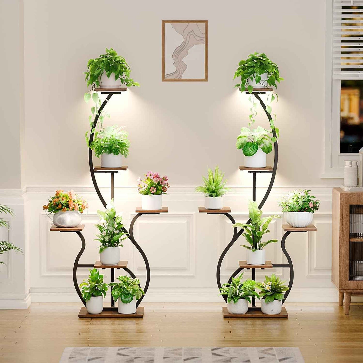 Plant Stand Indoor with Grow Light: 55" Tall Corner Shelf for Multiple Plants, Lighted Plant Stands for Indoor Growing, 6 Tiered S-Shaped Flower Display Stand for Living Room, Patio, Balcony (Black)