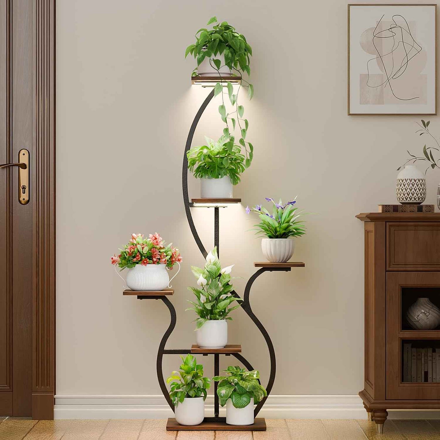 Plant Stand Indoor with Grow Light: 55" Tall Corner Shelf for Multiple Plants, Lighted Plant Stands for Indoor Growing, 6 Tiered S-Shaped Flower Display Stand for Living Room, Patio, Balcony (Black)