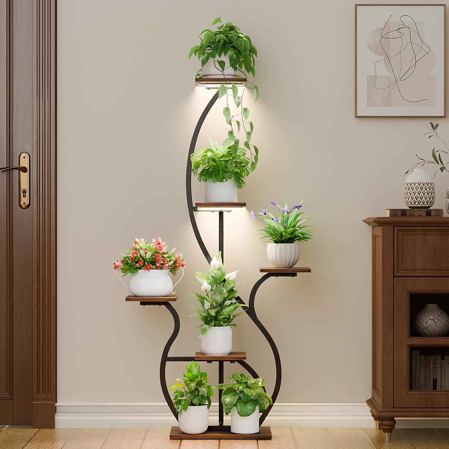 Plant Stand Indoor with Grow Light: 55" Tall Corner Shelf for Multiple Plants, Lighted Plant Stands for Indoor Growing, 6 Tiered S-Shaped Flower Display Stand for Living Room, Patio, Balcony (Black)