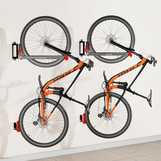 2-Pack Swivel Bike Rack Wall Mount, Bike Hangers for Garage, Space-Saving Vertical Bike Holder, Holds up to 77 lbs, Bicycle Wall Hanger Storage, No Heavy Lifting Required Indoor Hanging Bike Rack-Red
