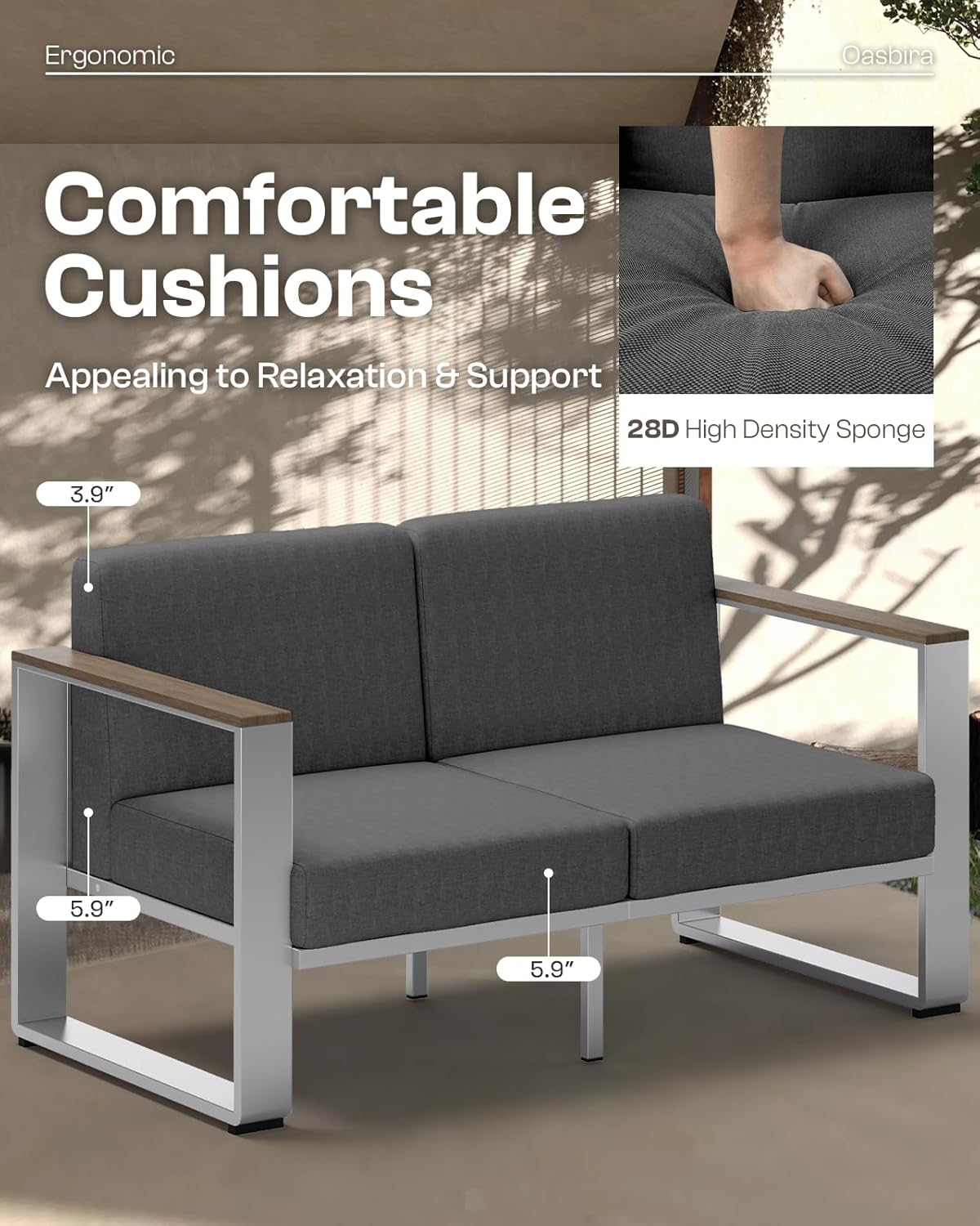Aluminum Outdoor Patio Furniture, 1 Piece 3-Seat Sofa, All-Weather Metal Modern Outside Sofa for Deck, Porch (LightGray)