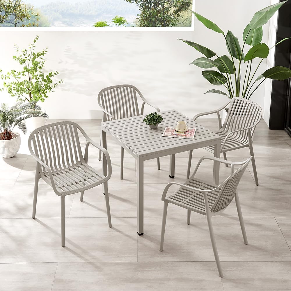 Plastic Outdoor Dining Table with Metal Legs, Weather Resistance, Home Patio Table, Restaraunt Outdoor Table, Quick Assembly (Grey)