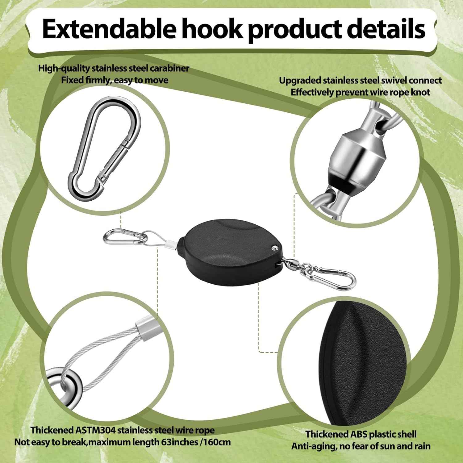 Leinuosen 4 Pack Upgraded Plant Pulleys for Hanging Plants Heavy Duty Retractable Plant Hanger, 304 Stainless Steel Rope Adjustable Climbing Hook for Garden Baskets Pots, Birds Feeder (Black)