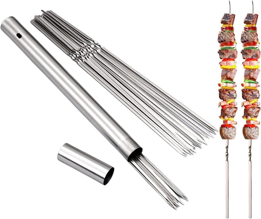 304 Stainless Steel 13.2" Long Flat Barbecue Skewers,20PCS/40PCS BBQ Kebab Skewers with Portable Metal Storage Tube,Reusable for Grilling Barbecue Kitchen Party and Outdoor Cooking (20PCS)