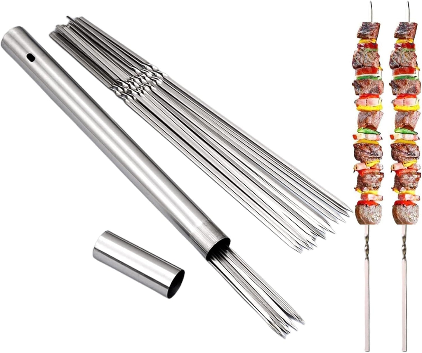 304 Stainless Steel 14.8" Long Flat Barbecue Skewers,20PCS/40PCS BBQ Kebab Skewers with Portable Metal Storage Tube,Reusable for Grilling Barbecue Kitchen Party and Outdoor Cooking (40PCS)