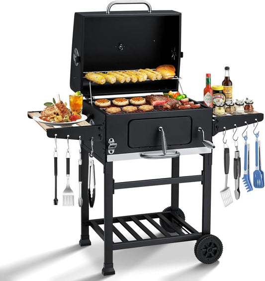 MELLCOM Charcoal Grill with Wood Foldable Side Table - 338 Sq.In BBQ Area with Individual Lifting Charcoal Trays & Thermometer, Movable Charcoal Grill for Outdoor Patio, Garden and Backyard