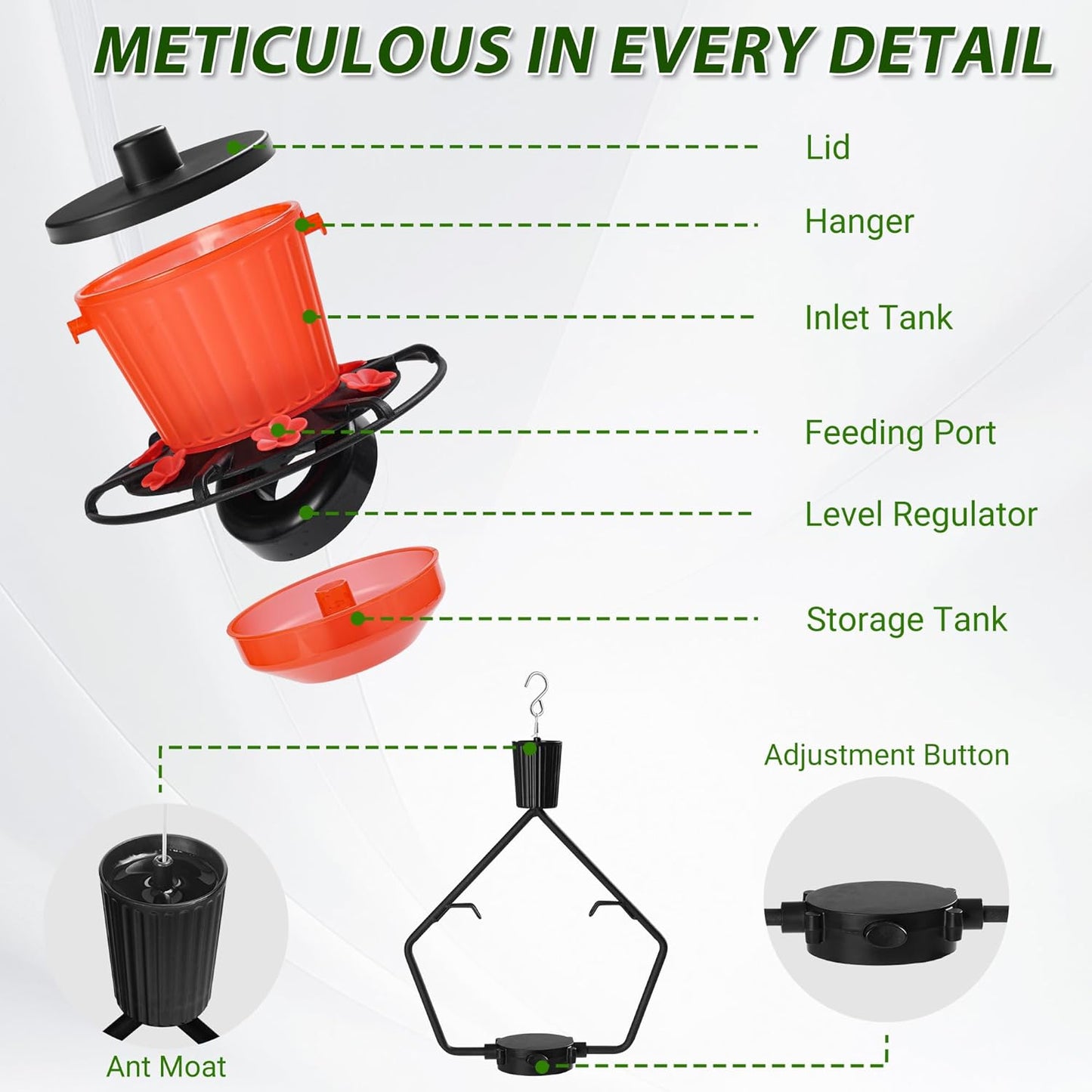 Retractable Hummingbird Feeder – 6 Feeding Ports, Leak-Proof, Ant & Bee Proof, Easy Top-Fill & Easy to Clean, Durable ASA Plastic, 18.5 oz Capacity, Adjustable Hanging System with 44" Extension(Black)